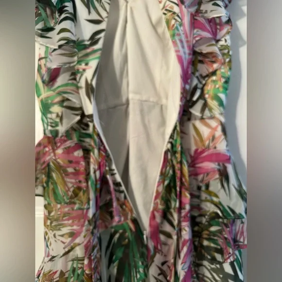 BADGLEY MISHKA 8 EASTER Resort Wedding Coastal Palm Ruffle Pink Green Maxi Dress - Picture 13 of 16